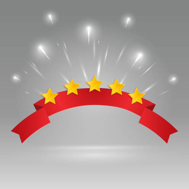 istock Five star golden rating, feedback creative vector illustration with red ribbon winning 1174949156
