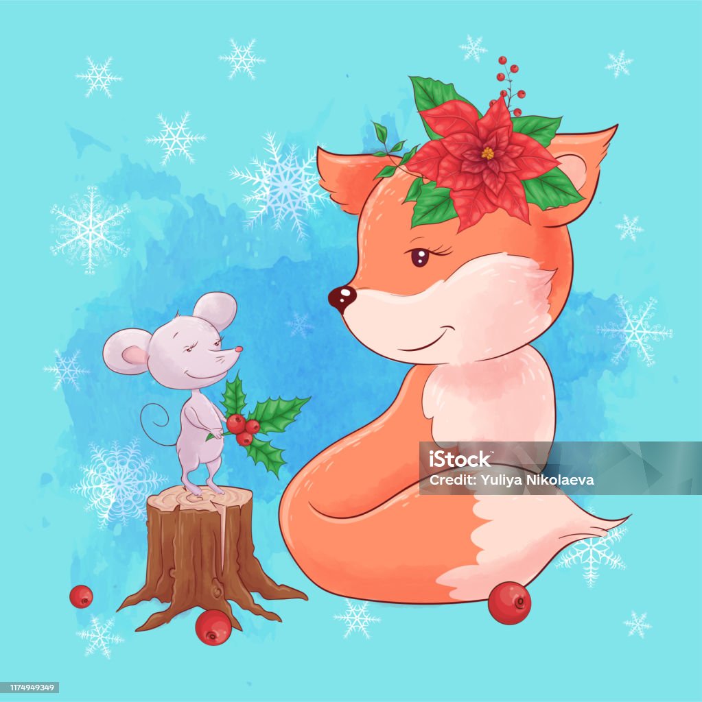 Thiệp Giáng Sinh Dễ Thương Với Cáo Hoạt Hình Với Chuột Và Một Bó ...