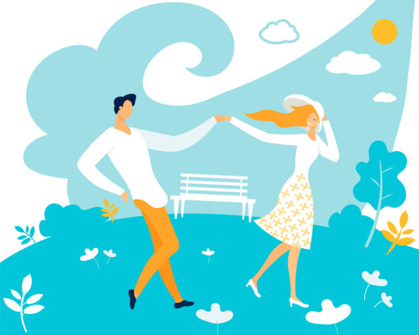 Banner Tender Relationship Couple in Love Flat. Banner Tender Relationship Couple in Love Flat. Two People, Each which Retains its own Aspirations. Bride and Groom in Elegant Clothes are Dancing Merrily in Clearing. Vector Illustration. retain stock illustrations