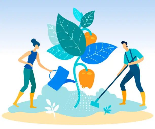 Vector illustration of Man with Garden Tool and Woman with Watering Plant