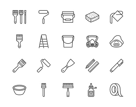 Painter tools flat line icons set Home renovating equipment roller paintbrush ladder masking tape, respirator vector illustrations. Outline signs interior design. Pixel perfect 64x64 Editable Strokes.