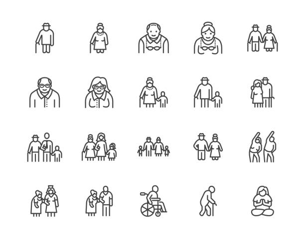 Elder people care flat line icons set. Senior couple, nursing home, happy old man exercising, patient support vector illustrations. Outline signs older citizens. Pixel perfect 64x64. Editable Strokes Elder people care flat line icons set. Senior couple, nursing home, happy old man exercising, patient support vector illustrations. Outline signs older citizens. Pixel perfect 64x64. Editable Strokes. patient symbols stock illustrations