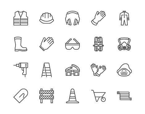 Safety equipment, required PPE flat line icons set. Protective gloves builder helmet respirator, harness vector illustrations. Outline signs personal protection. Pixel perfect 64x64. Editable Strokes.