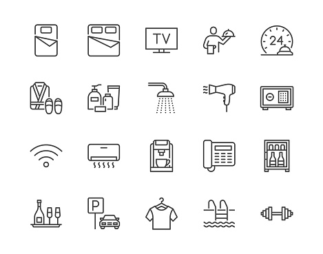 Hotel room facilities flat line icons set. Double bed, reception, room service, bathrobe, slippers, safe, minibar vector illustrations. Outline signs for motel. Pixel perfect 64x64. Editable Strokes.