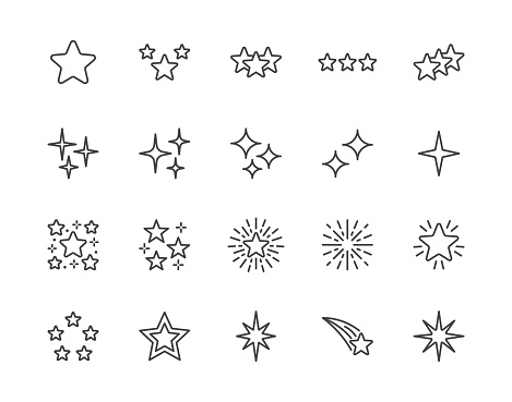 Stars flat line icons set. Starry night, falling star, firework, twinkle, glow, glitter burst vector illustrations. Outline signs for glossy material property. Pixel perfect 64x64. Editable Strokes.