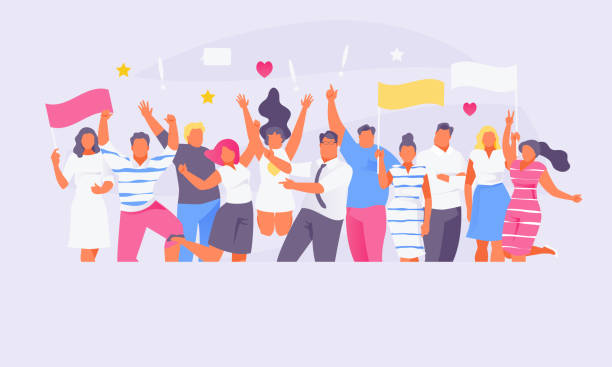 Group of fans vector Large crowd of joyful people. Fans of show business or sports. Vector illustration cheering stock illustrations