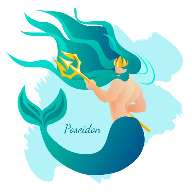 Olympian Ancient Greece Pantheon Deity Greece Olympian Ancient Greece Pantheon Deity Greece Ancient God Poseidon with Human Body and Fish Tail Holding Gold Trident. Neptune or Triton in Greek Religion Myth Cartoon Flat Vector Illustration Banner triton greek god stock illustrations