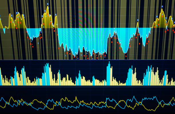 istock Fundamental and technical analysis concept. Market trading screen. Stock market chart, graph on blue background 1174955689