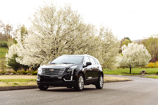 Redding, CT, USA - May 4, 2019: A 2018 Cadillac XT5 at parked in countryside road of Redding in  Connecticut . XT5 is the new suv by Cadillac, one of the most famous automotive brand in United States. Blossom tree in the background.