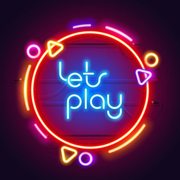 illustrazioni stock, clip art, cartoni animati e icone di tendenza di round colorato neon let's play sign - computer icon banner placard internet