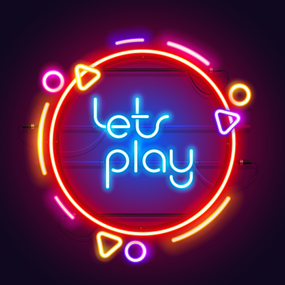 Round colorful neon let's play sign for your projects in retro-futuristic style.