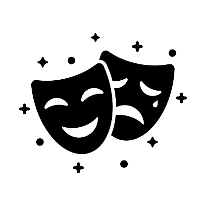 Comedy and tragedy masks. Black icon funny and sad mask, cartoon style. Happy and unhappy traditional symbol of theater. Vector illustration flat design. Isolated on white background.