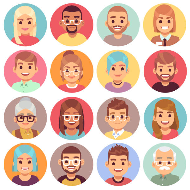 Cartoon avatars. People of different sexes, ages and races. Face avatars of multicultural characters portraits. Human heads vector set Cartoon avatars. People of different sexes, ages and races. Face avatars of multicultural characters portraits. Human crowd heads in round isolated vector nationalities set user profile stock illustrations
