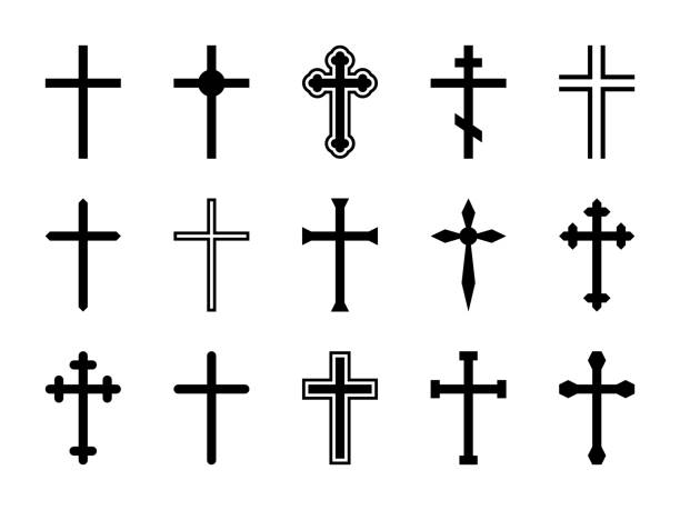 Christian cross. Jesus Christ crucifix, different shapes of orthodox and catalytic crosses religious silhouette signs vector set Christian cross. Jesus Christ crucifix, different shapes of orthodox and catalytic crosses religious silhouette signs vector decorative art god design isolated set celtic cross stock illustrations