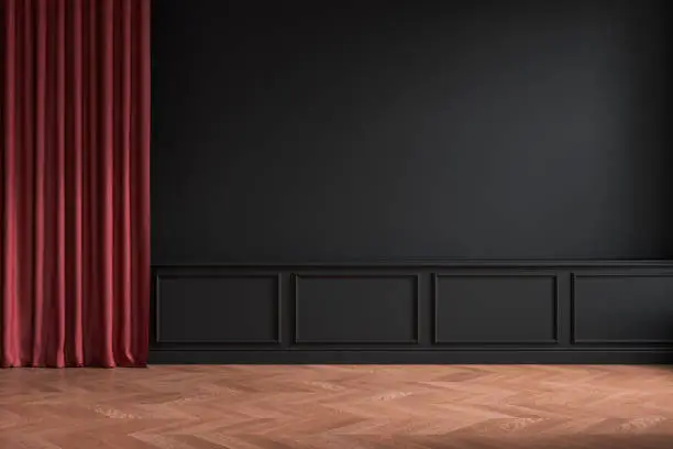 Photo of Black classic empty interior with red curtain, moldings and wooden floor. 3d render illustration mockup.