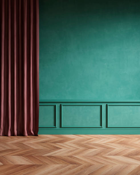 istock Modern classic empty interior with curtain, moldings, wood floor. 3d render illustration mock up. 1174960634