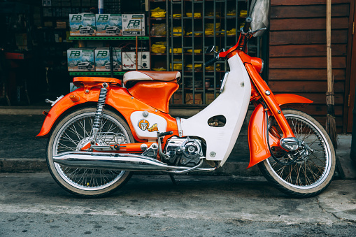 classic retro motorcycle Honda super cub 110cc renew and popular in vintage pop culture. 22 February 2017. THAILAND.