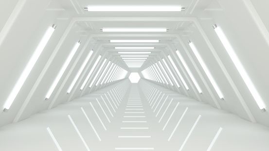 Abstract modern minimalist empty white corridor tunnel, illuminated with white glow lights. Empty space for text, interior design or science fiction background 3D rendering.