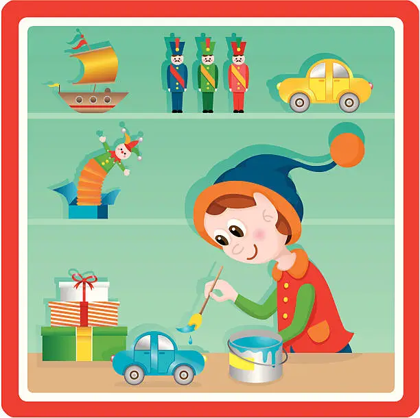 Vector illustration of Cute Christmas toy factory painter elf