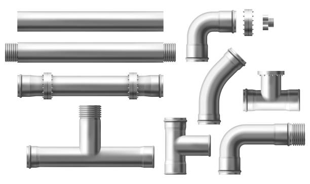 Steel pipes bolted connectors realistic vector set Stainless steel, metallic pipes, plumbing fittings. Water, fuel or gas supply system, oil refinery industry pipeline, house sewer bolted sections, parts isolated, 3d realistic vector illustration set pipe tube stock illustrations