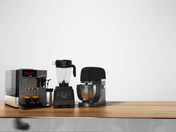 istock Group of kitchen appliances automatic professional coffee machine toaster mixer on the table 3d render on gray background with shadow 1174966014