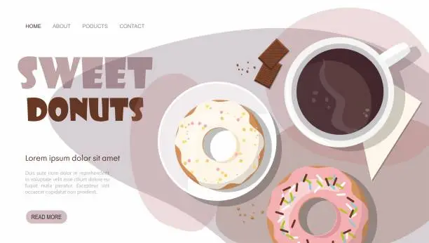 Vector illustration of Landing page template. Donuts, chocolate and cup of coffee.  Top view