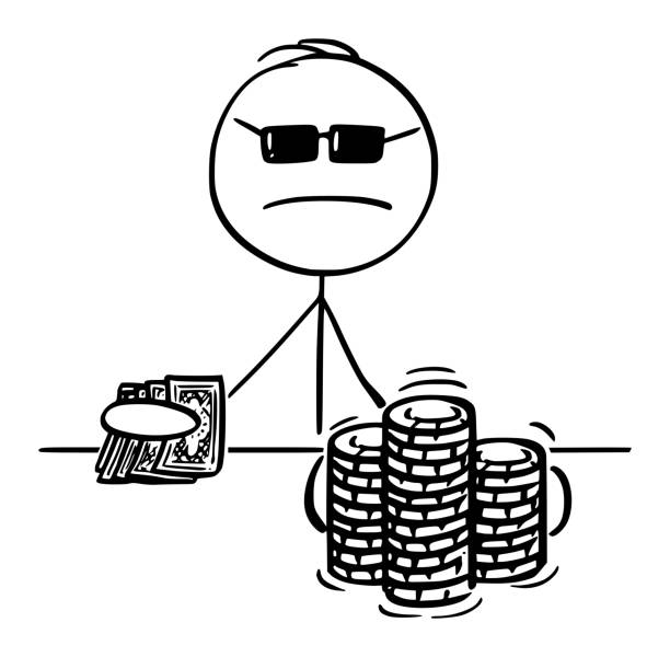 Vector Cartoon Illustration of Poker Player Taking a Gamble and Moving Piles of Casino Chips Vector cartoon stick figure drawing conceptual illustration of poker player with cards gambling and moving piles of casino chips. poker player stock illustrations