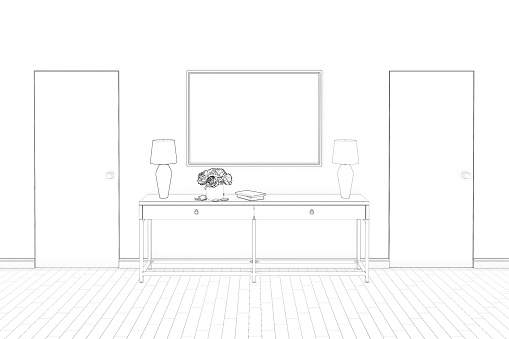 3d illustration. Sketch of living room with kitchen.