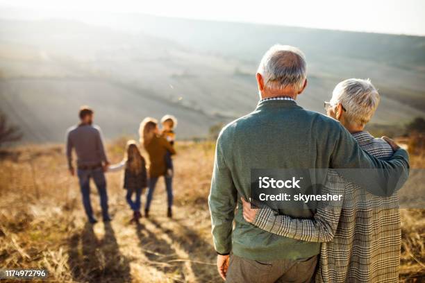 Rear View Of Embraced Senior Couple Looking At Their Family In Nature Stock Photo - Download Image Now