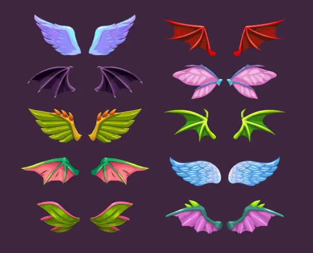 Vector illustration of Different cartoon animal wings set. Angel, devil, dragon, bat, butterfly wing icons