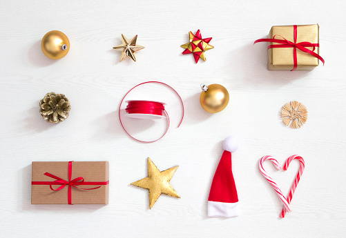 Christmas presents and decoration, beautiful flat lay arrangement