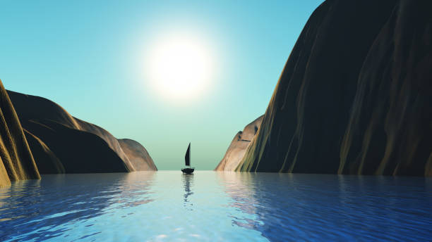 istock 3D yacht sailing though a landscape with cliffs 1174974488