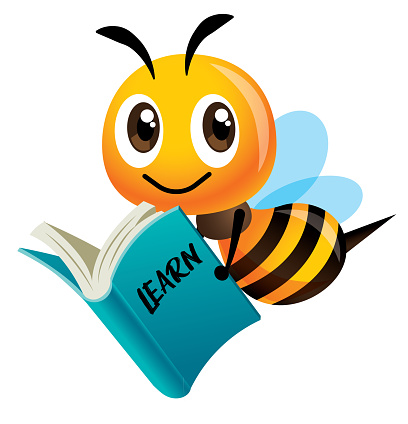 Cute bee mascot carrying a blue book.