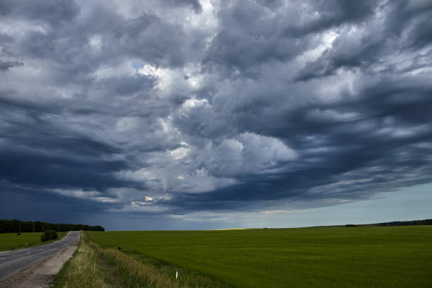 istock country road along the field under heavy clouds 1174977568