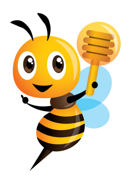 illustrazioni stock, clip art, cartoni animati e icone di tendenza di cartone animato carino ape puntando e tenendo in mano un cenato al miele. vettore - honey dipper