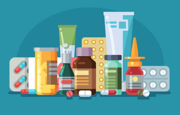 ilustrações de stock, clip art, desenhos animados e ícones de medicine. pills, capsules and glass meds bottles with medicine, tubes with ointment, medication spray. pharmacological vector concept - suplemento nutricional