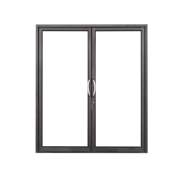 istock Real modern black store front double glass door window frame isolated on white background 1174978533