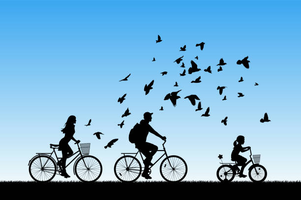 公園で自転車に乗った家族 - women cycling bicycle father点のイラスト素材／クリップアート素材／マンガ素材／アイコン素材