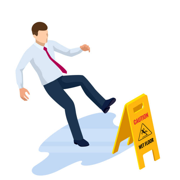 Isometric caution wet floor sign isolated on white background. The man slipped on the wet floor. Isometric caution wet floor sign isolated on white background. The man slipped on the wet floor greasy water stock illustrations