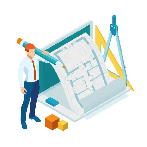Vector illustration of Isometri architect drawing on architectural project concept. Architects workplace - architectural project, blueprints, ruler, laptop and divider compass.