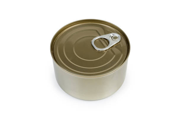istock Sealed round tin can of canned fish on white background 1174981954