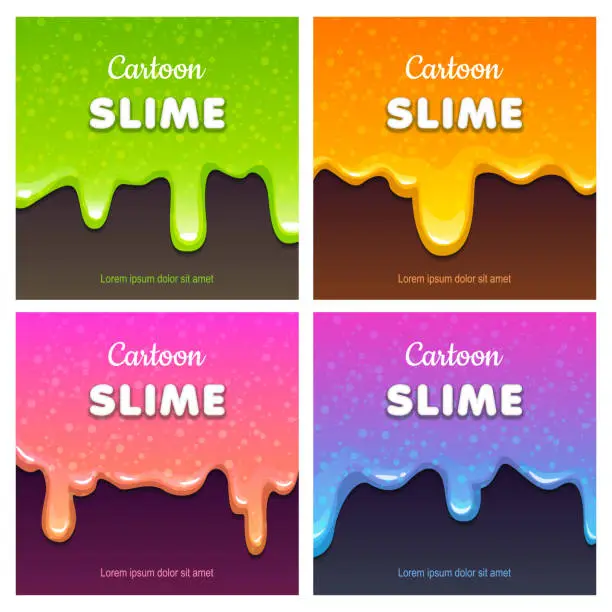 Vector illustration of Colorful glittery slimy dribbles. Slime backgrounds set