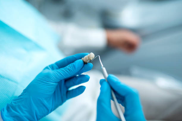 istock Close up of dentist hands holding denture 1174982959