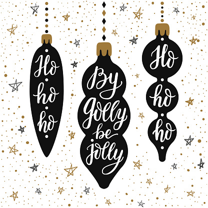 Hand-drawn lettering inscriptions By golly be jolly, ho-ho-ho on the cartoon style black Christmas icicle toys and doodle silver gold falling star snow background. EPS 10 vector illustration
