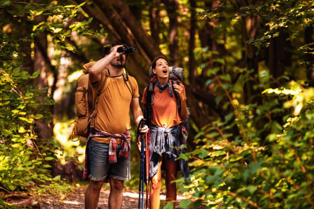 istock Cheerful couple hiking together in forest 1174984478