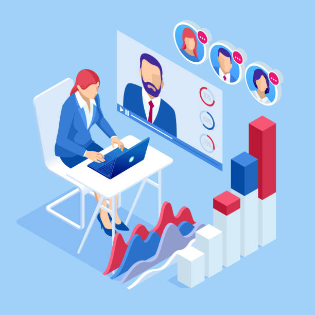 ilustrações de stock, clip art, desenhos animados e ícones de isometric business training online or business people in a video conference at business meeting concept. - office men teacher computer