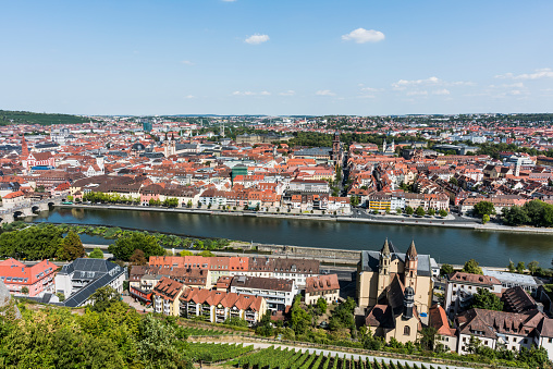 Aerial wiew Alte Mainbrucke and cityscape of Wurzburg with Rawthey River in Germany