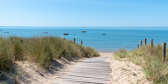coastal area with sand beach grass entrance to Atlantic ocean in Ile de Noirmoutier France in web banner template header