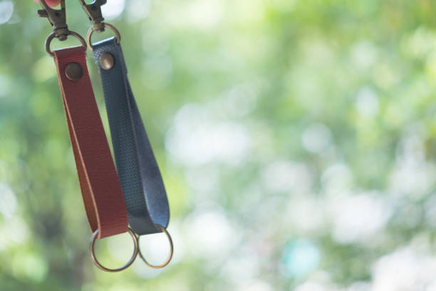 istock Leather Keychain with clip lock for key on nature background 1174988006