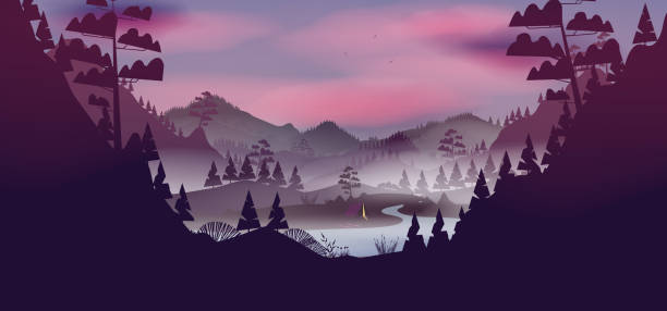 illustrazioni stock, clip art, cartoni animati e icone di tendenza di lago con paesaggio di pineta di notte - pine sunset night sunlight